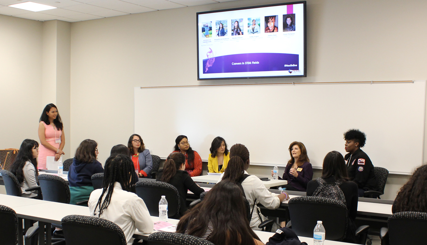 (Seated, facing camera, second from left to right) Page's Margarita de Monterossa, Ashley August and Brenda Umanzor listen to a fellow Careers in STEM panelist. - 