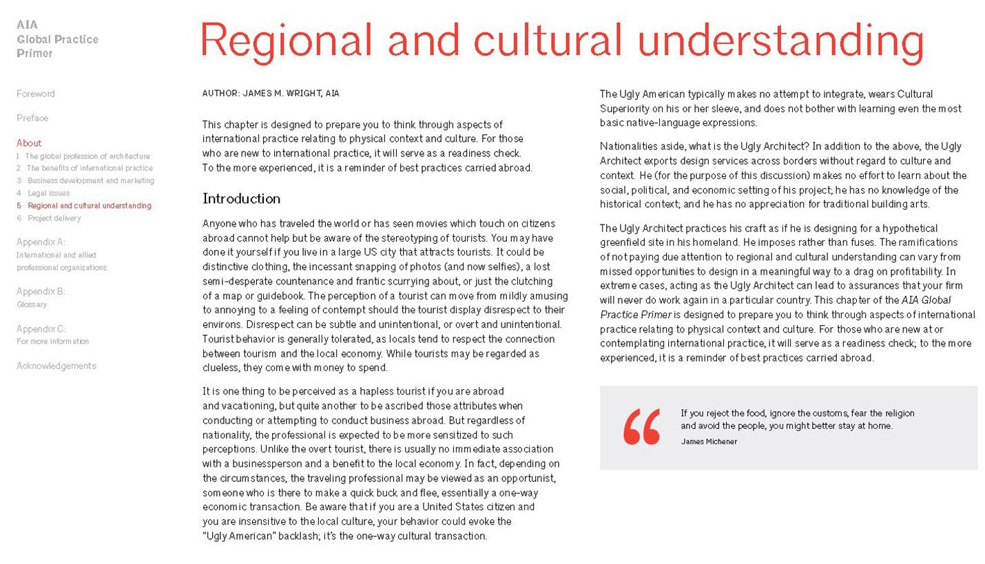 Page Senior Principal James M. Wright authored Chapter Five of the new AIA Global Practice Primer on "Regional and cultural understanding" best practices. - AIA International Practice Committee