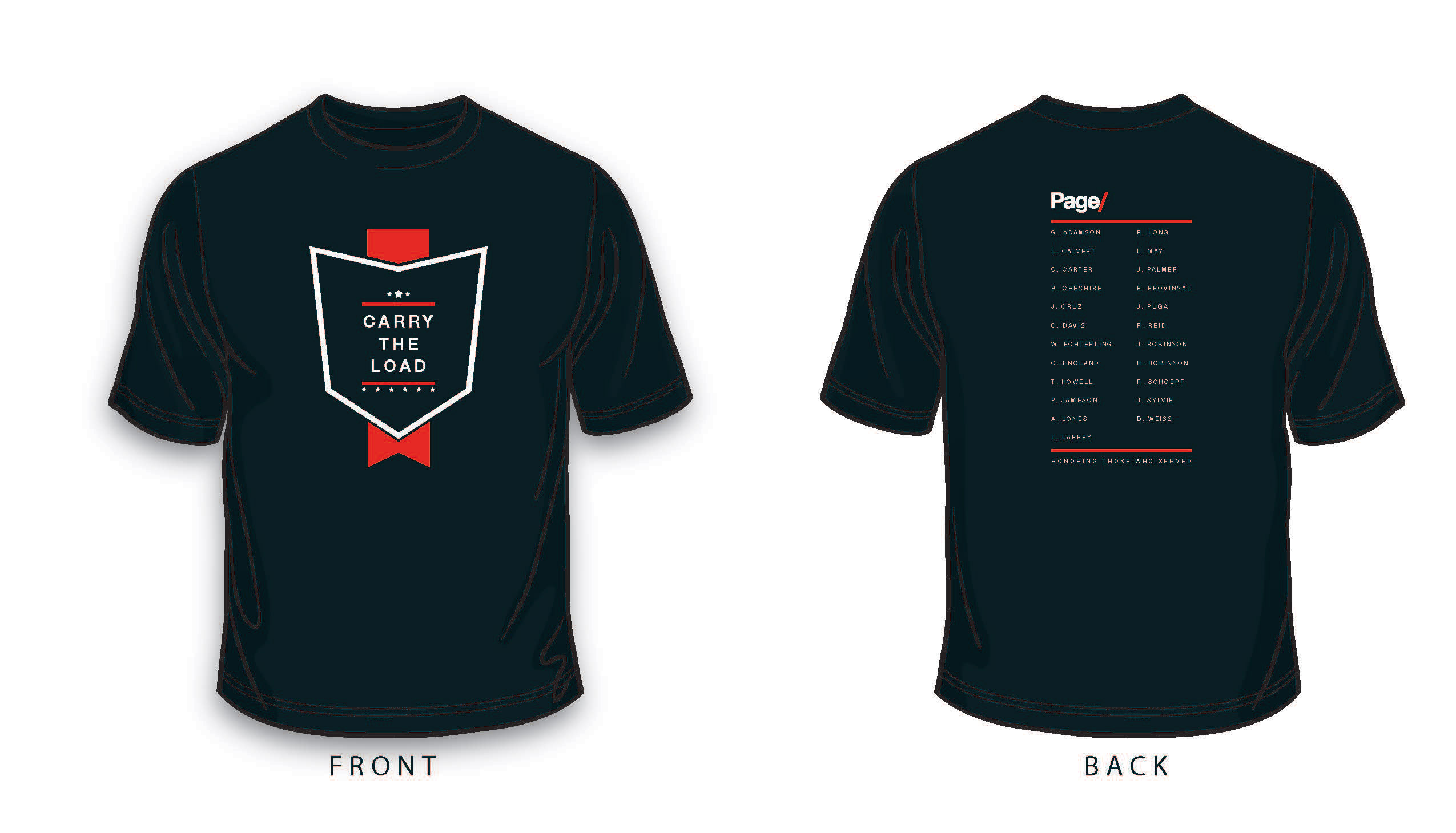 Page designed custom T-shirts naming all active employees who have served to raise awareness of the annual Carry The Load Memorial Walk. - Page