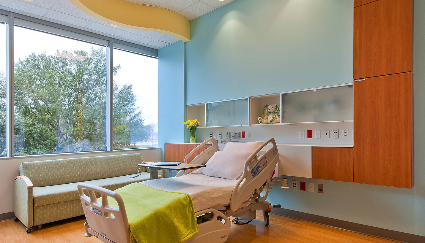 Patient room at Texas Childrens Hospital West-Houston  designed by Page - 