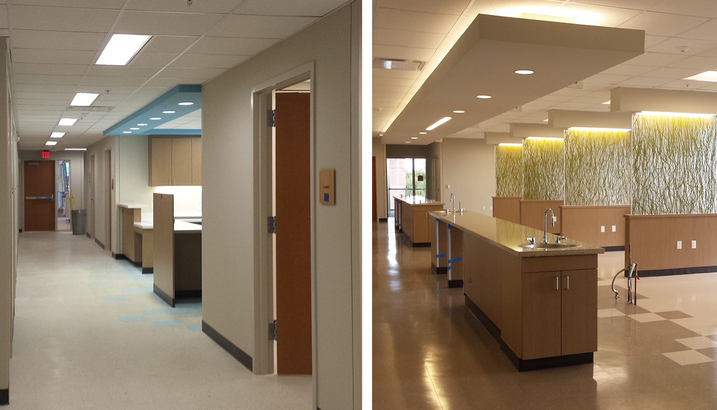In-progress construction images of workstations (left) and patient care spaces (right). - Page