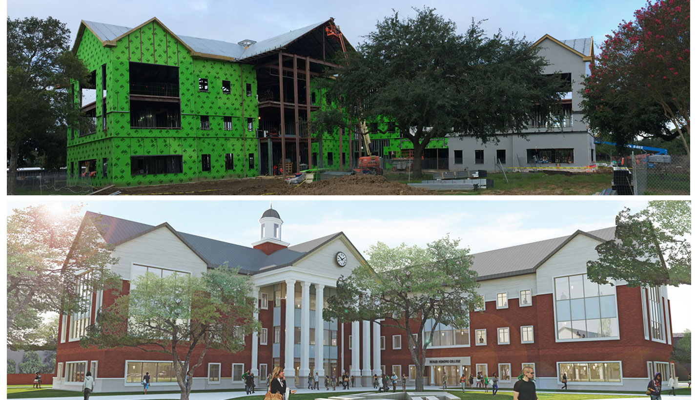 The progression of Lamar University's Wayne A. Reaud Building compared to the rendering - 