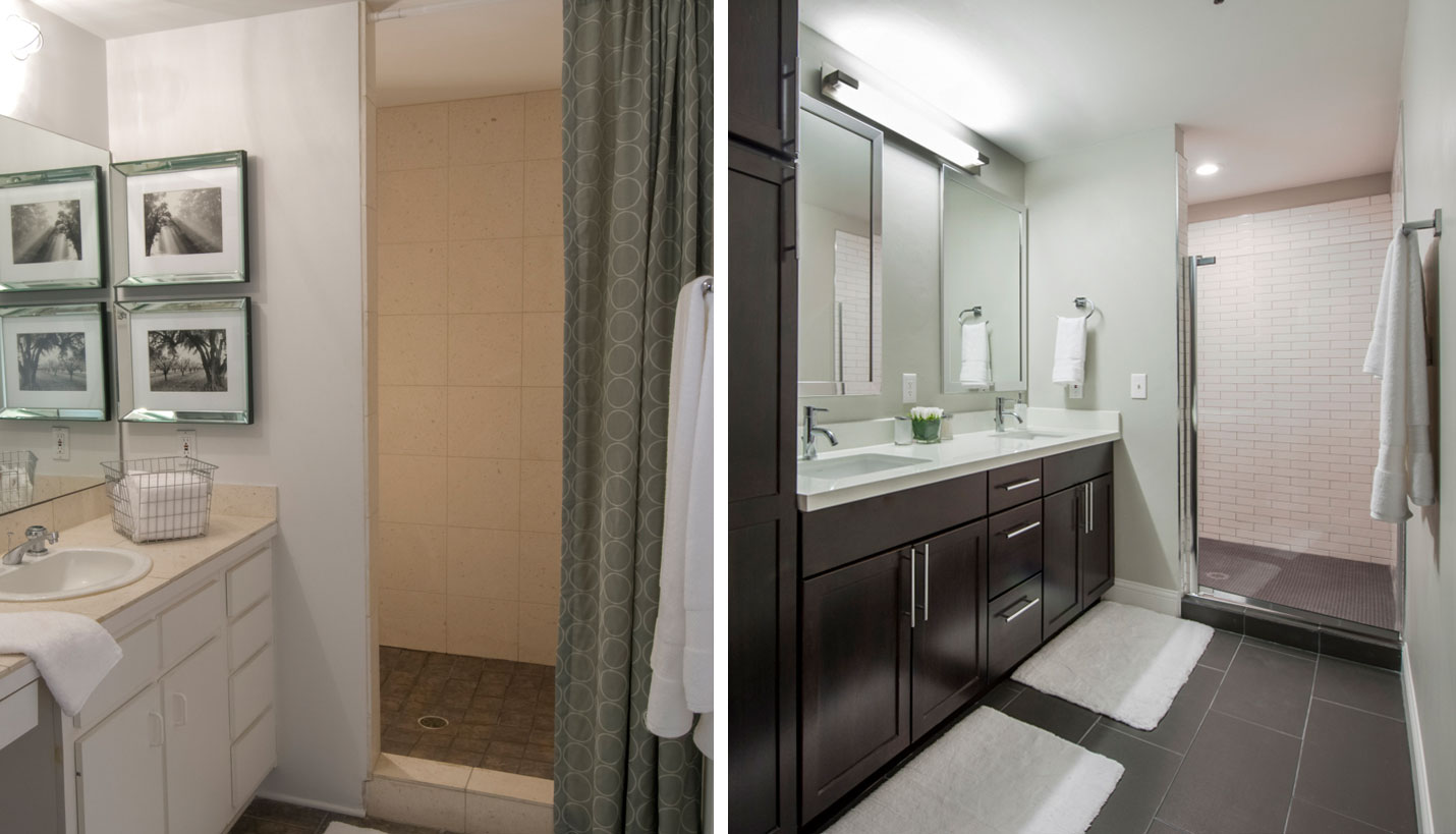 The updated residential units at The Rice will feature espresso stained cabinets, subway tile backsplash, quartz countertops and updated baths while still keeping with the loft-style ambiance of the earlier renovation. - Left: © David Lawrence Right: Greystar Real Estate Partners