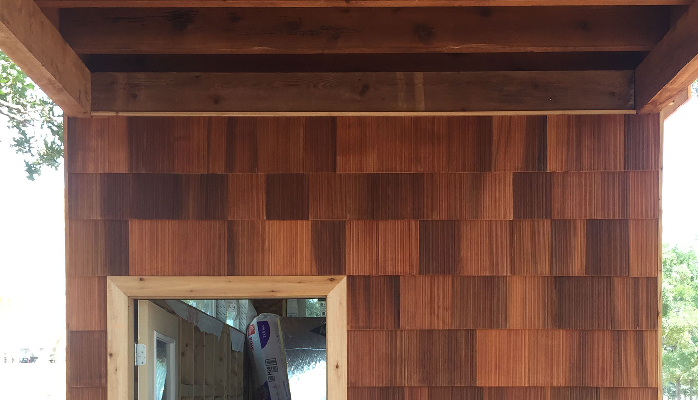 Detail of shingle-clad exterior wall of Porch With A Home. - Jessica Mims, See In See Out Photography