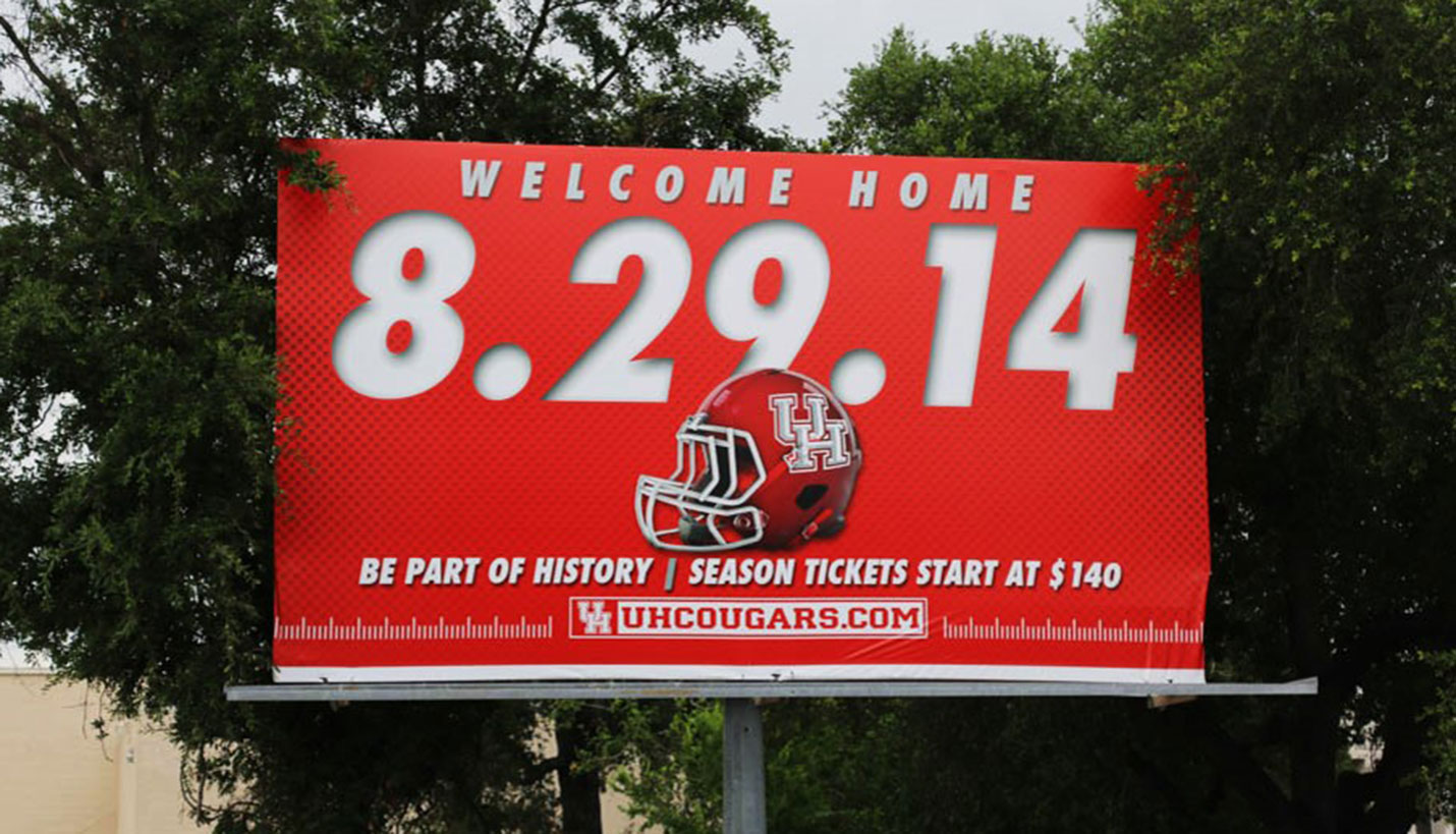 GAME ON! This billboard welcomes visitors to the Cougars' new house, TDECU Stadium on the day of the inaugural game.  (08/29/2014) - University of Houston